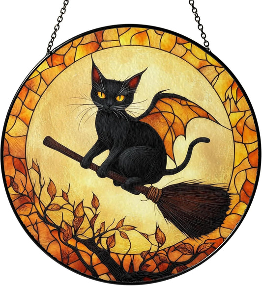 Black Cat Stained Glass Suncatcher, Halloween Cat Witch Window Hanging Decor, Pumpkin Spooky