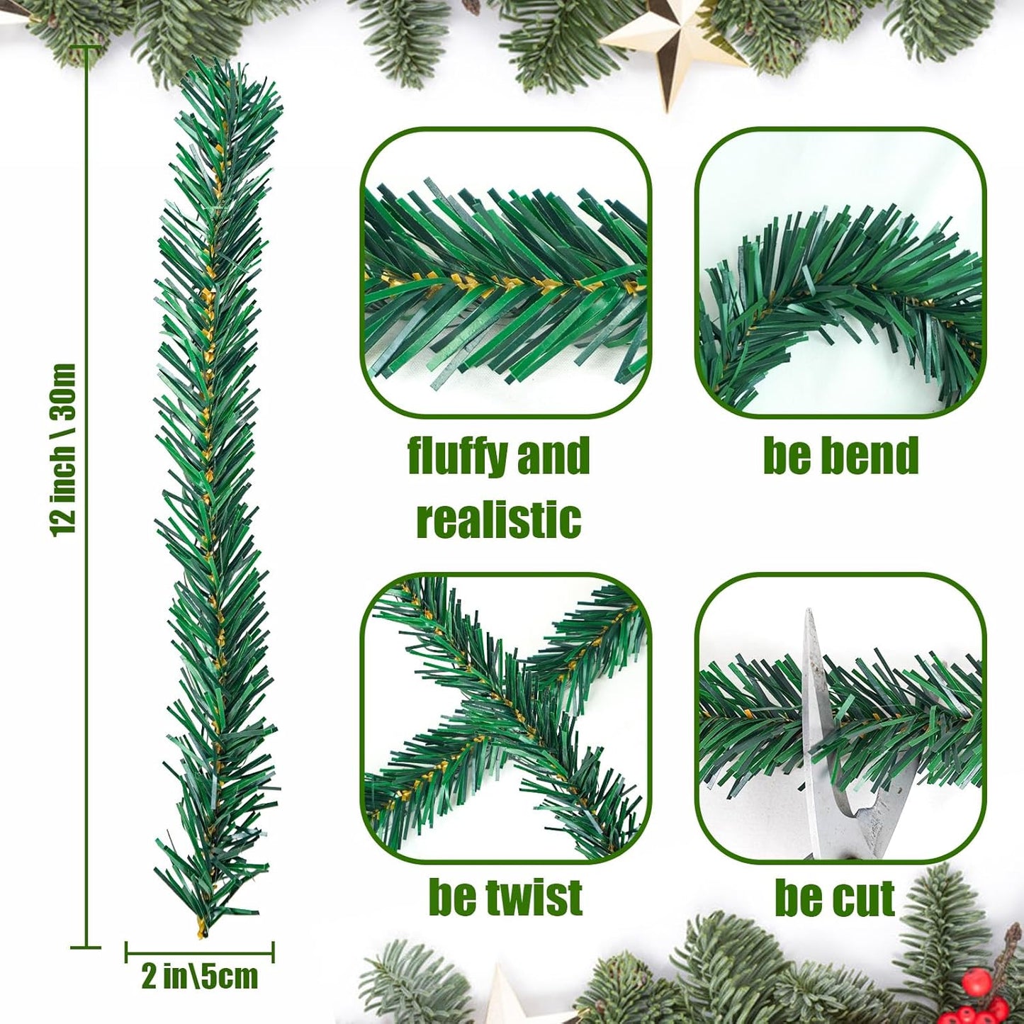 Uieke 100 Pcs Christmas Garland Ties 12Inch Artificial Pine Needles Garland Faux Pine Greenery Stems Twist Wired Tree Branches Wreath Tie for Craft Gift Wrapping Party Supply Christmas Decoration