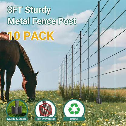 Fence Posts 3 Feet - 16 Pack, Heavy Duty Metal Fence Post, No Dig U Post for Farm, Garden, Orchard and Outdoor Wire Fencing (Black)