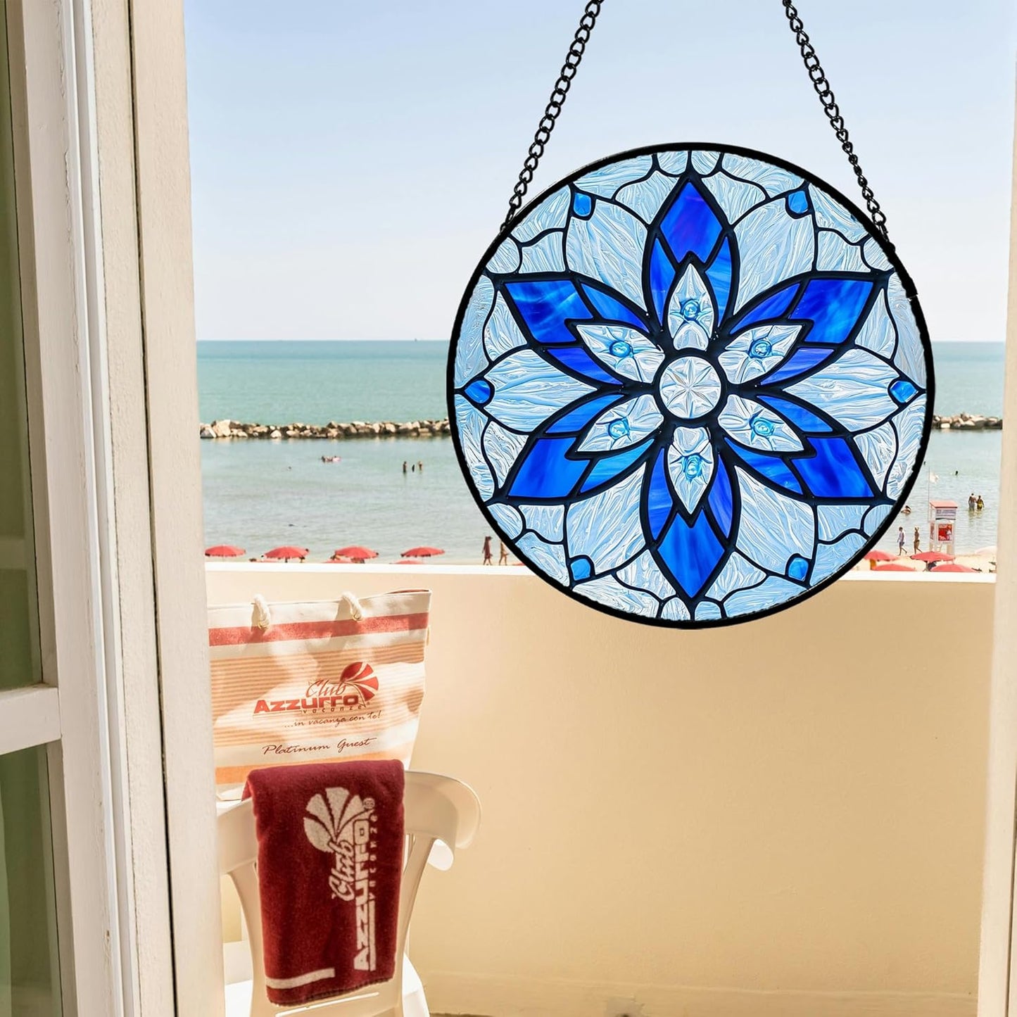 Stained Glass Window Hanging, Blue Tiffany Style Flowers Sun Catcher for Window Door Home Decor Suncatcher Christmas Mother's Day Birthday Gifts for Women Men Mom and Nana 15 in