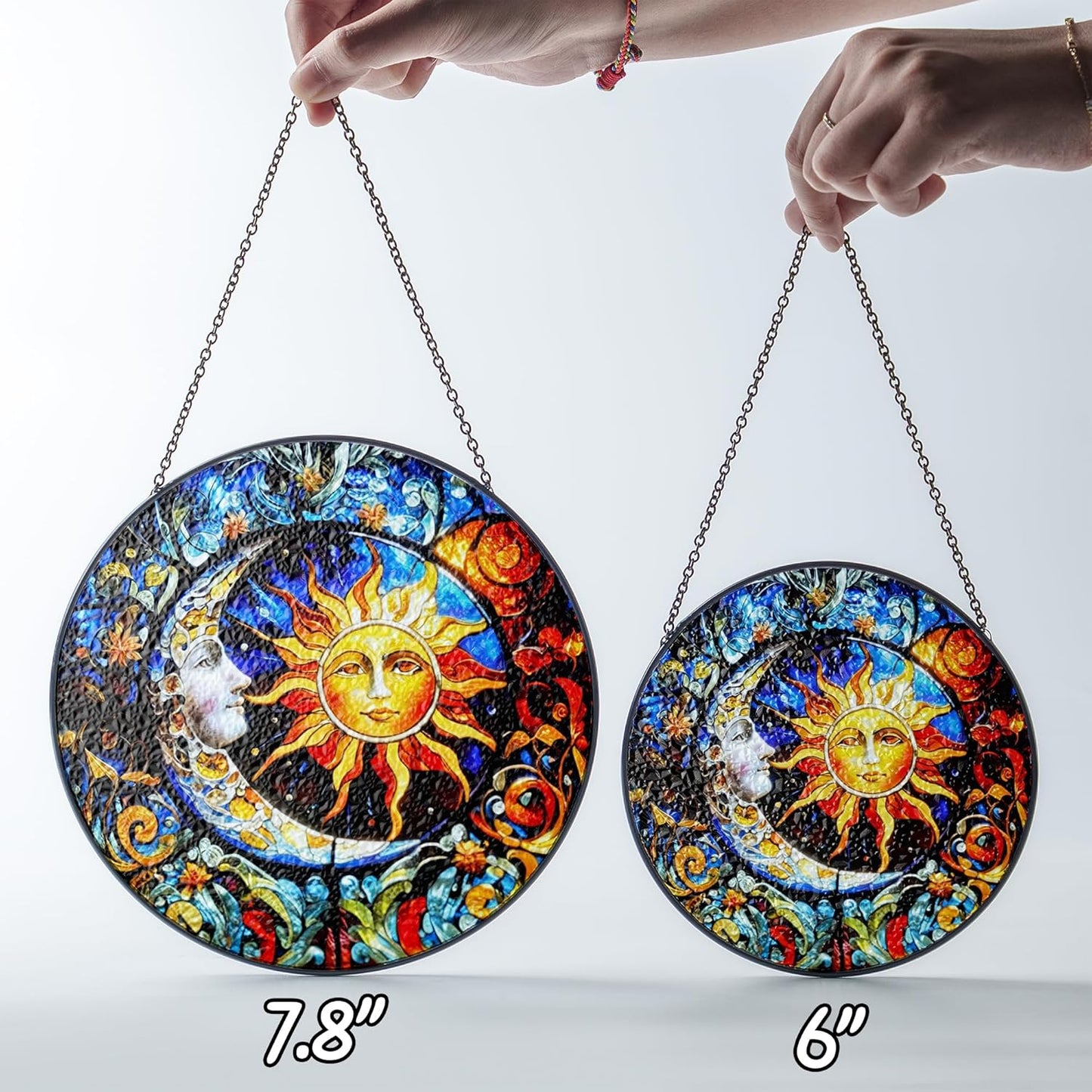 7.8" Sun & Moon Stained Glass Decor, Window Suncatcher Hanging Decorations, Suncatcher Art Decor for Home Garden Housewarming, Sun Moon Gifts for Mom, Women, Family, Grandma, Friends ART-17E-SG8