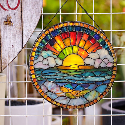 20cm/7.87inch Hanging Stained Glass for Windows,Sunrise Stained Glass Suncatcher Garden Hangings Christmas Mother's Day, Valentine's Day Ornaments Festival Housewarming Gift