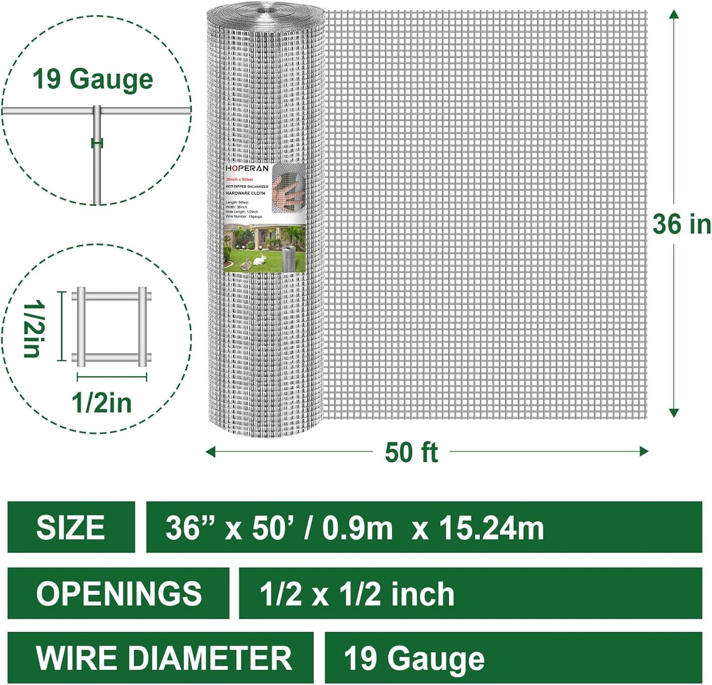 HOPERAN Hardware Cloth 1/2 Inch 36 x 50 ft - 19 Gauge Chicken Wire Fencing, Galvanized Wire Mesh Roll, Welded Wire Fence, Chicken Coop Wire Fence Gopher Wire Rabbit Wire Poultry Netting Cage
