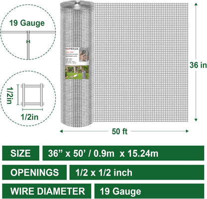 HOPERAN Hardware Cloth 1/2 Inch 36 x 50 ft - 19 Gauge Chicken Wire Fencing, Galvanized Wire Mesh Roll, Welded Wire Fence, Chicken Coop Wire Fence Gopher Wire Rabbit Wire Poultry Netting Cage