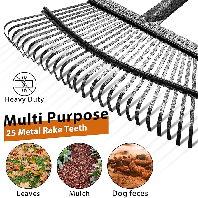 Rake, 65 Inch Long Garden Rake, 25 Tines 18 Inch Wide Heavy Duty Metal Leaf Rakes for Leaves Shrub, Yard Thatching Rakes with Adjustable Long Handle for Wees,Debris, Leaves,Grass