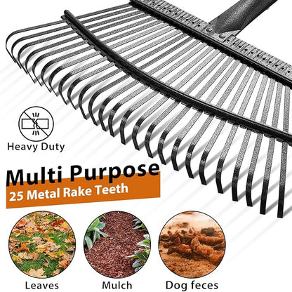 Rake, 65 Inch Long Garden Rake, 25 Tines 18 Inch Wide Heavy Duty Metal Leaf Rakes for Leaves Shrub, Yard Thatching Rakes with Adjustable Long Handle for Wees,Debris, Leaves,Grass