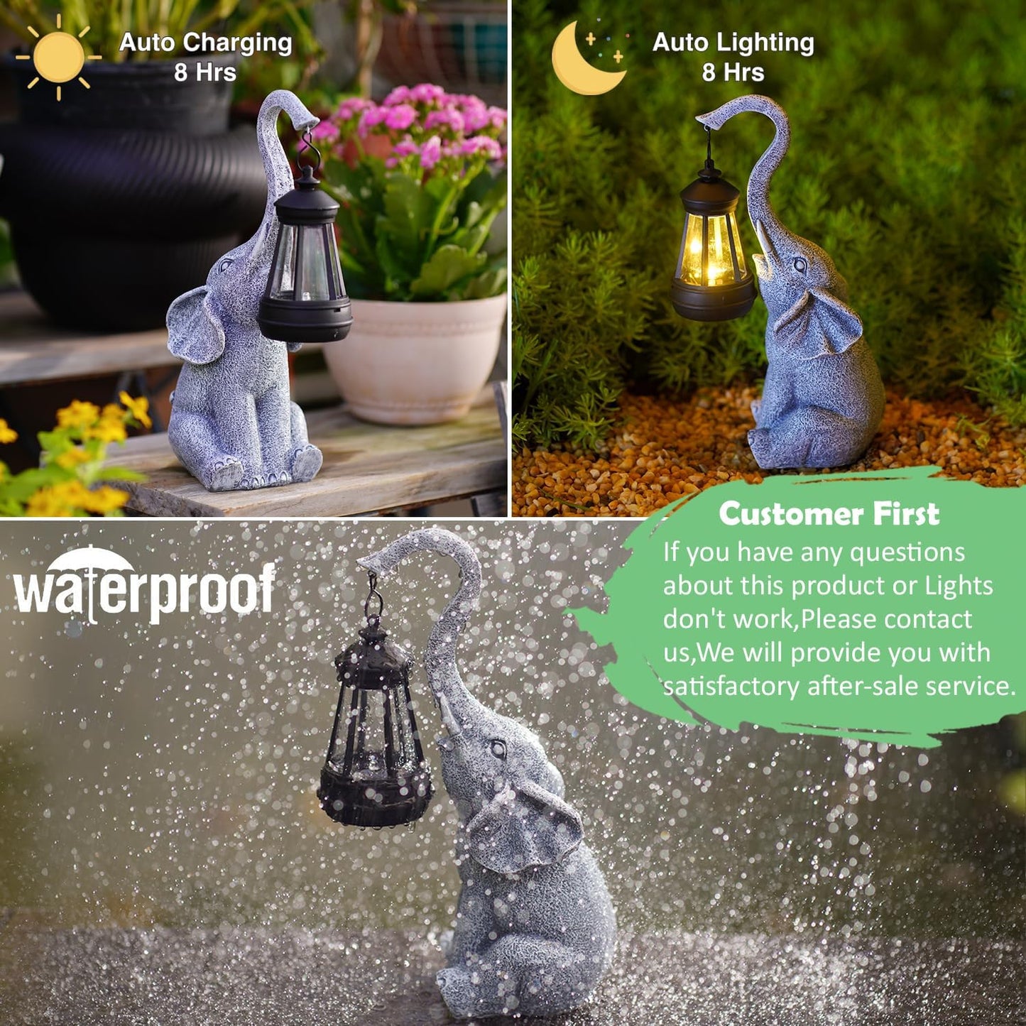 Garden Statues Elephant with Solar Lantern Outdoor Figurines Decorations for Patio Yard Lawn Ornaments Gifts for Birthday Mom Housewarming(Gray)