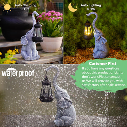 Garden Statues Elephant with Solar Lantern Outdoor Figurines Decorations for Patio Yard Lawn Ornaments Gifts for Birthday Mom Housewarming(Gray)