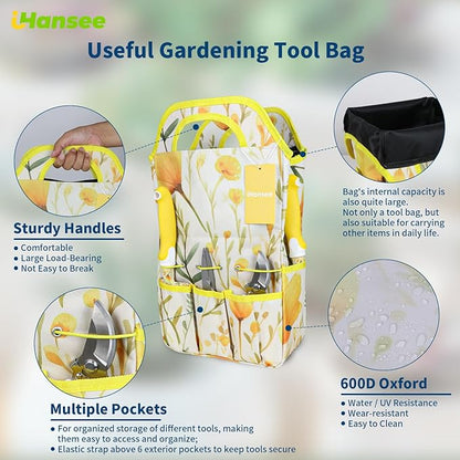Yellow Garden Tools for Women, iHansee 10-Piece Garden Tools Set with Handbag, Gardening Hand Tool w/Non-Slip Ergonomic Handle, Floral Print Garden Supplies, Cute Gardening Gift for Mom Grandma