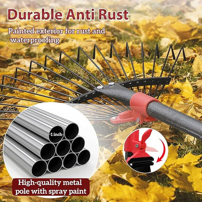 91 Inch Rake for Leaves , Adjustable 18 Tines with Expandable Head 9-18in Grass Rake Heavy Duty Metal Rakes for Women Children Yard Gardener Gardening Grass Debris Lawns