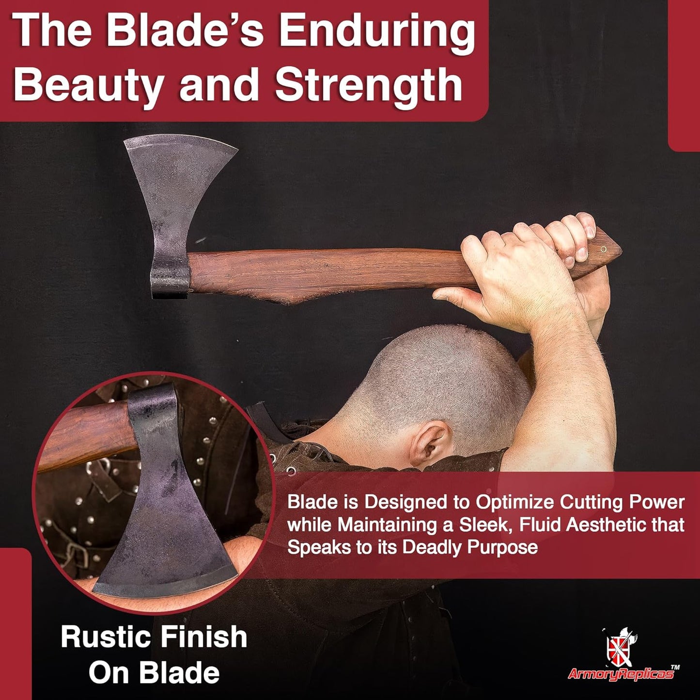 Armory Replicas™ Viking Saga Traditional Wooden Battle Axe Hand-Forged Iron Steel Blade, Rustic Finish, Fully Functional, 20.5” Overall Length Perfect for Camping, Reenactments, and Cosplay