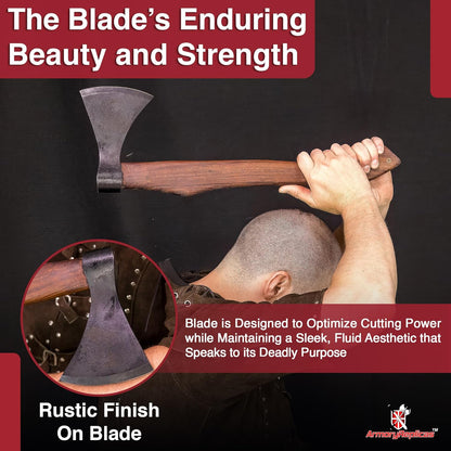 Armory Replicas™ Viking Saga Traditional Wooden Battle Axe Hand-Forged Iron Steel Blade, Rustic Finish, Fully Functional, 20.5” Overall Length Perfect for Camping, Reenactments, and Cosplay