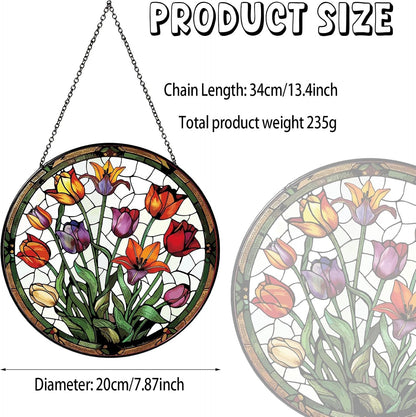 Tulip Stained Glass Window Hanging Botanical Sun Catcher Decor Tulip Lover Gifts for Women Christmas Suncatchers for Home Windows Hanging Decoration, 7.87inch