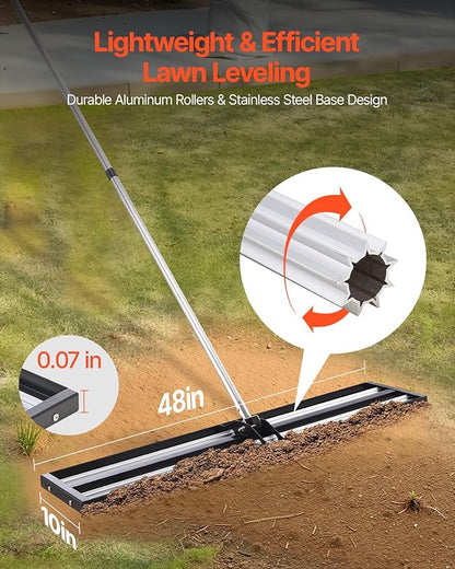 VEVOR Updated Lawn Leveling Rake with Roller, 48'' x 10" Stainless Steel Lawn Leveler with 83.9'' Adjustable Handle, Heavy Duty Yard Leveling Rake, Effort Saving Lawn Leveling Tool for Yard Golf Court