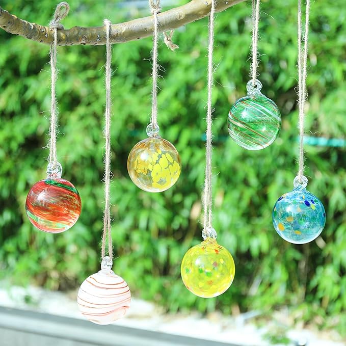 VCUTEKA Hanging Garden Gazing Ball, Hand-Blown Glass Witch Ball for Outdoor Garden Décor, 6pcs 3" Colorful Swirl