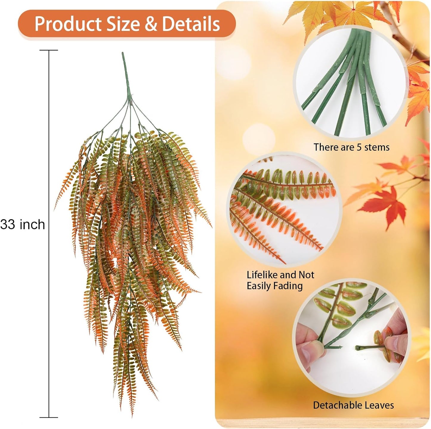 RECUTMS Fake Boston Fern 4Pcs Realistic Artificial Hanging Plants UV Resistant Plastic Ivy Leaves Draping Faux Greenery Decor for Room Patio Wall Garden Wedding Indoor Outdoor(Orange)