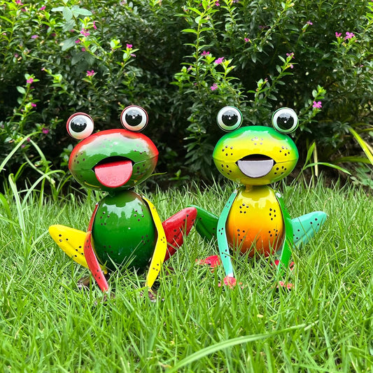 Metal Garden Decor Yard Art for Outside Set of 2 Cute Small Frogs Lawn Patio Ornaments Backyard Decorations Garden Gifts for Mom - (Yellow,Green)