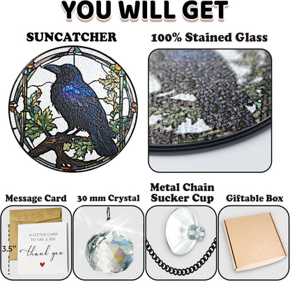 Crow Stained Glass Suncatchers Art Glass Raven for Sun Catcher Indoor Window Gifts for Pet Animal Nature Floral Lovers Women Grandma Mom Friend Painted Panel Décor