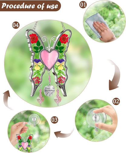 KY&BOSAM Gifts for Mom Suncatcher Butterfly Mother`s Day Gifts I Love You Mom Stained Glass Panels Heart for Window Hanging Wind Chime Pressed Real Flowers Wings Unique Design Birthday Gift for Women