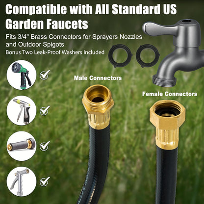 Hybrid Garden Hose 25FT - 5/8" Durable Sturdy and Functional Heavy Duty Rubber Hose with Brass Fittings - UV Resistant and Leak Proof for Lawn Care Gardening and Outdoor Cleaning