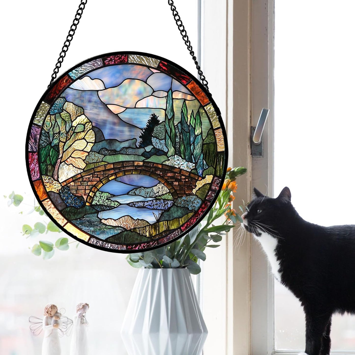 Stained Glass Window Hanging, Blue Landscape Arch Bridge Sun Catcher for Door Home Decor Suncatcher Christmas Mother's Day Birthday Gifts for Women Men Mom and Nana 6.3 in
