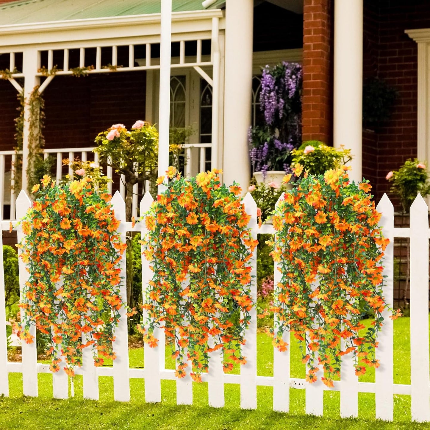 6 Pcs Artificial Fall Hanging Flowers Outdoor Silk Mum Plants Autumn Decor Faux Violet with Eucalyptus Realistic UV Resistant Trailing Vine Thanksgiving Porch Yard(Orange,Chamomile)
