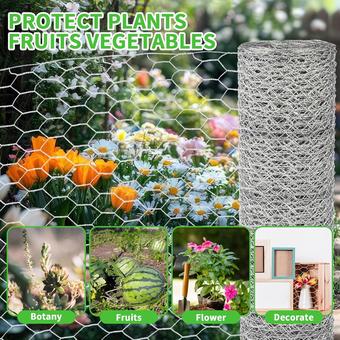 16in x 100ft Craft Chicken Wire Mesh, Hexagonal Galvanized Wire Mesh for Poultry, Floral Wire Netting for Protecting Garden Plants, Vegetables, Flowers and Fruits from Dogs, Rabbits and Squirrels