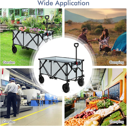 Goplus Collapsible Wagon, Folding Utility Wagon Cart w/Universal Wheels & Adjustable Handle & Cover Bag, Grocery Wagon for Garden Shopping Camping (Grey)