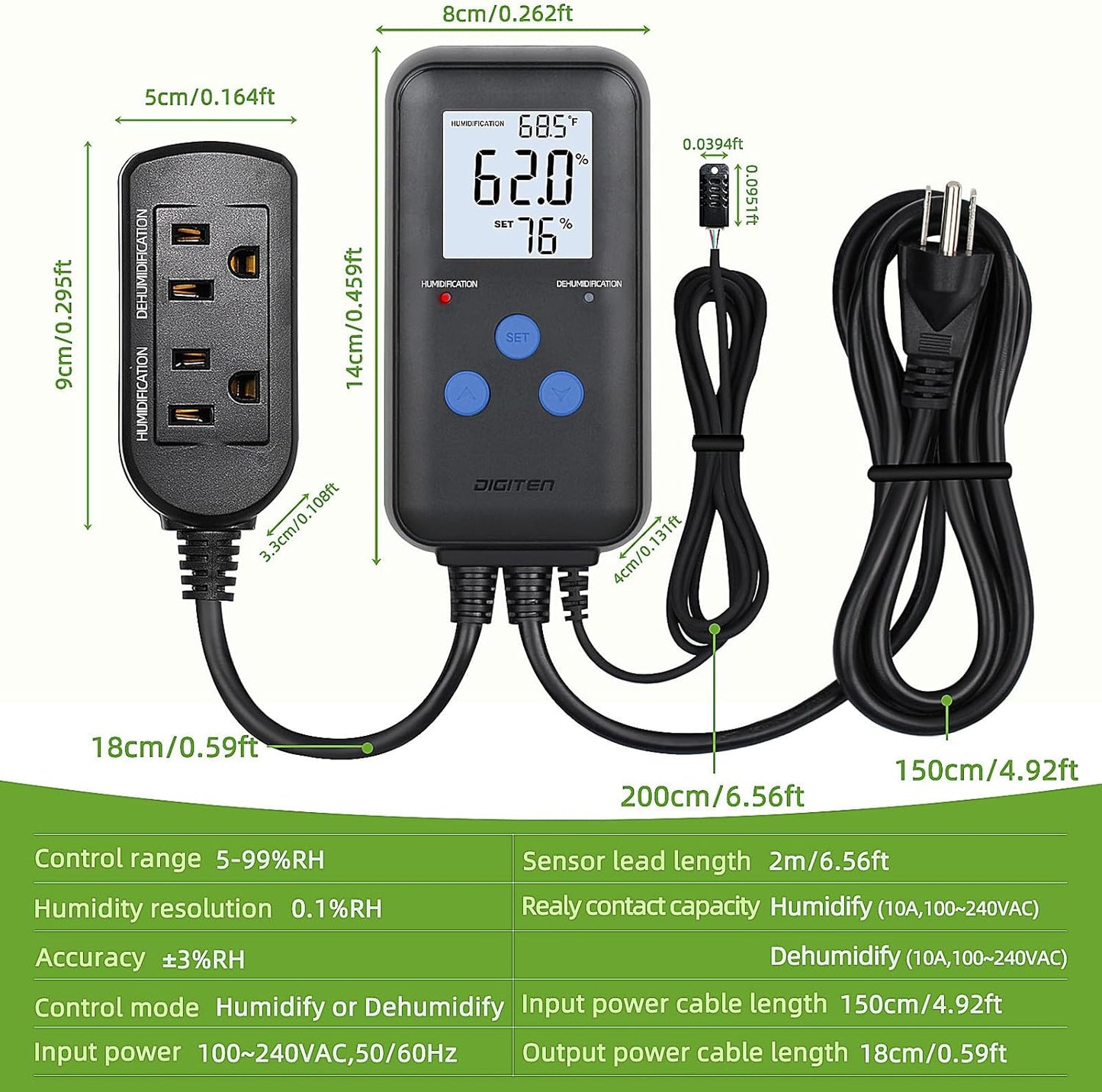 DIGITEN Humidity Controller Pre-Wired Digital Humidistat with Temperature Display, Dual-Stage Outlet Humidifier /Dehumidifier for Mushroom,Reptile, Greenhouse, Fan, Grow Tent