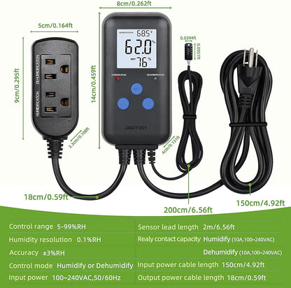 DIGITEN Humidity Controller Pre-Wired Digital Humidistat with Temperature Display, Dual-Stage Outlet Humidifier /Dehumidifier for Mushroom,Reptile, Greenhouse, Fan, Grow Tent