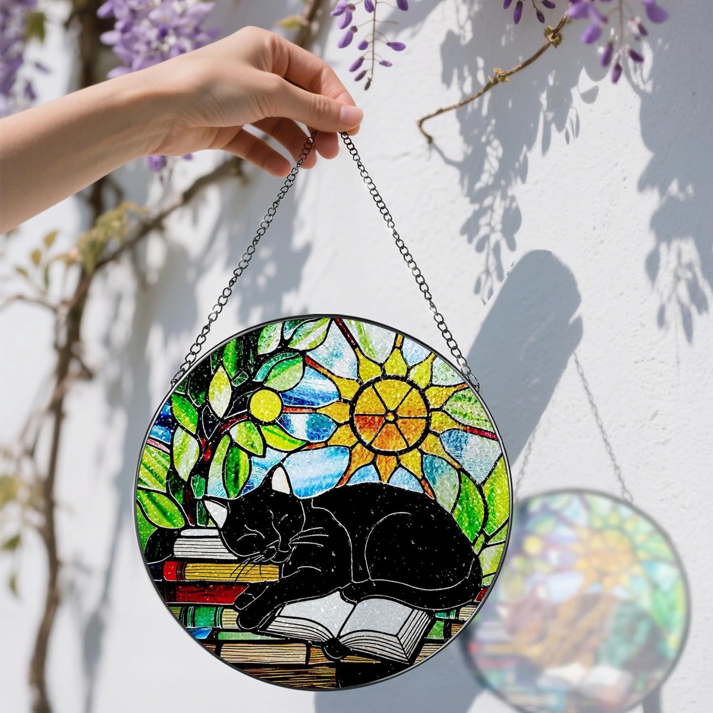 Stained Glass Window Hanging, 8 Inch Black Cat on Book Stained Glass Suncatcher, Window Decor Hanging, Cat Lover Gifts, Reading Decor, Bookish Gift, Librarian Gift, Book Lover Gifts