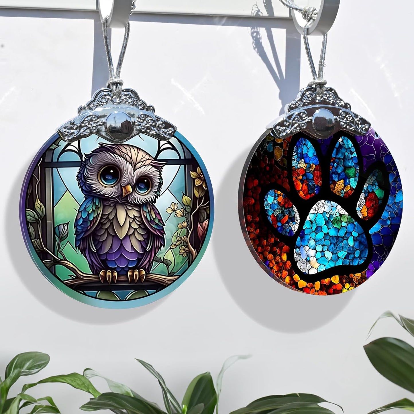 Owl Christmas Ornaments - Stained Glass Holiday Decorations, Tree Ornaments, Xmas Gifts for Owl Lovers