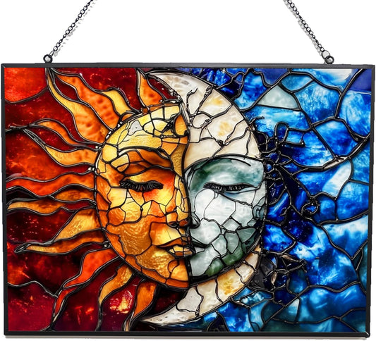 Rectangle Sun and Moon Stained Glass Suncatcher Window Hangings, Suncatchers Colorful Glass Panel