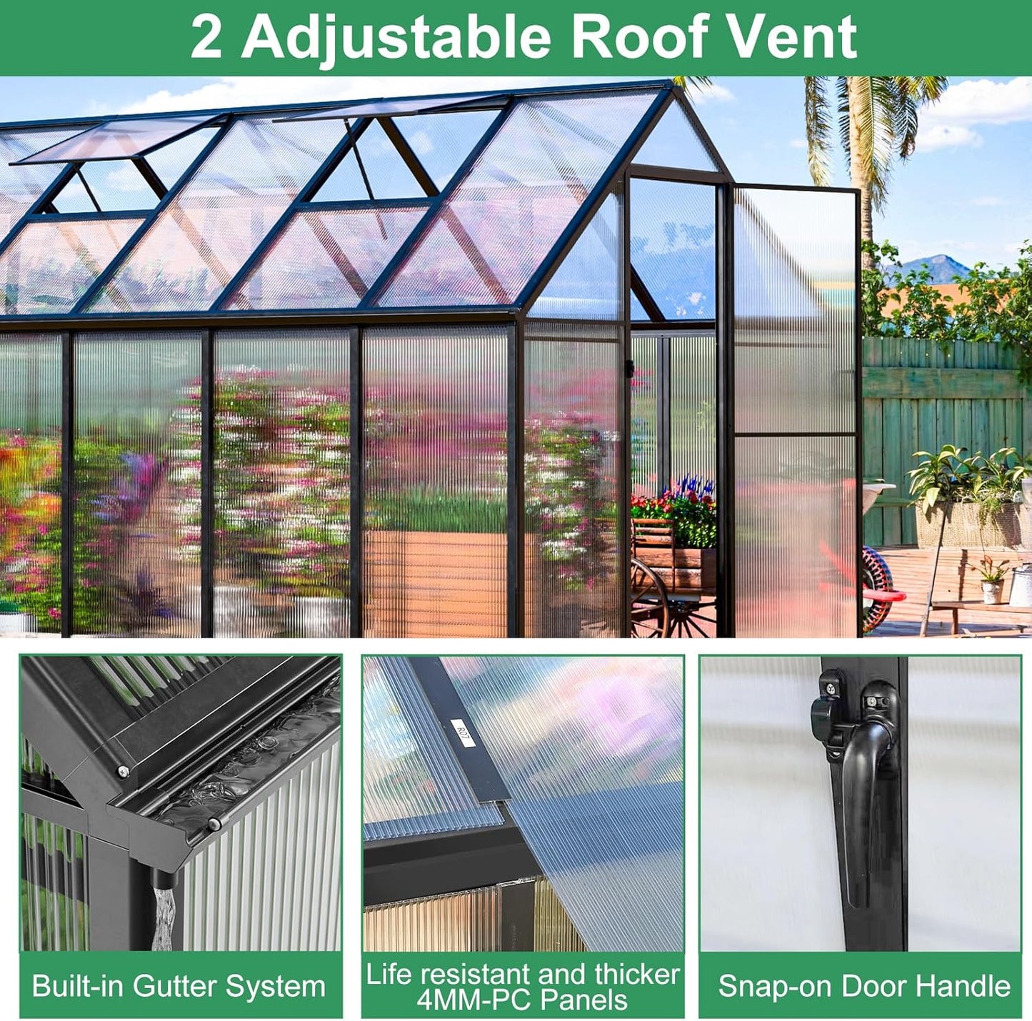 CDCASA 10.3x6.2 FT Greenhouse for Outdoors, Easy Assembly Thicker Aluminum Heavy Duty Polycarbonate Greenhouses Kit w/2 Vent Window, Swing Door, Walk-in Green House for Sunroom Patio,Backyard