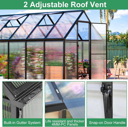 CDCASA 10.3x6.2 FT Greenhouse for Outdoors, Easy Assembly Thicker Aluminum Heavy Duty Polycarbonate Greenhouses Kit w/2 Vent Window, Swing Door, Walk-in Green House for Sunroom Patio,Backyard