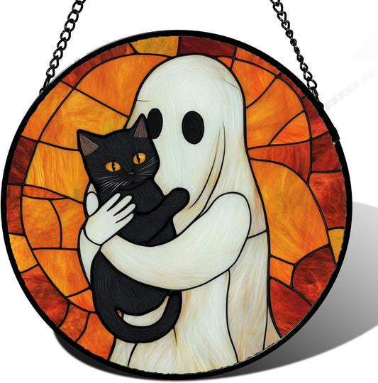 Stained Glass Window Hanging - Halloween Decorations White Ghost Black Cat Suncatcher for Doors