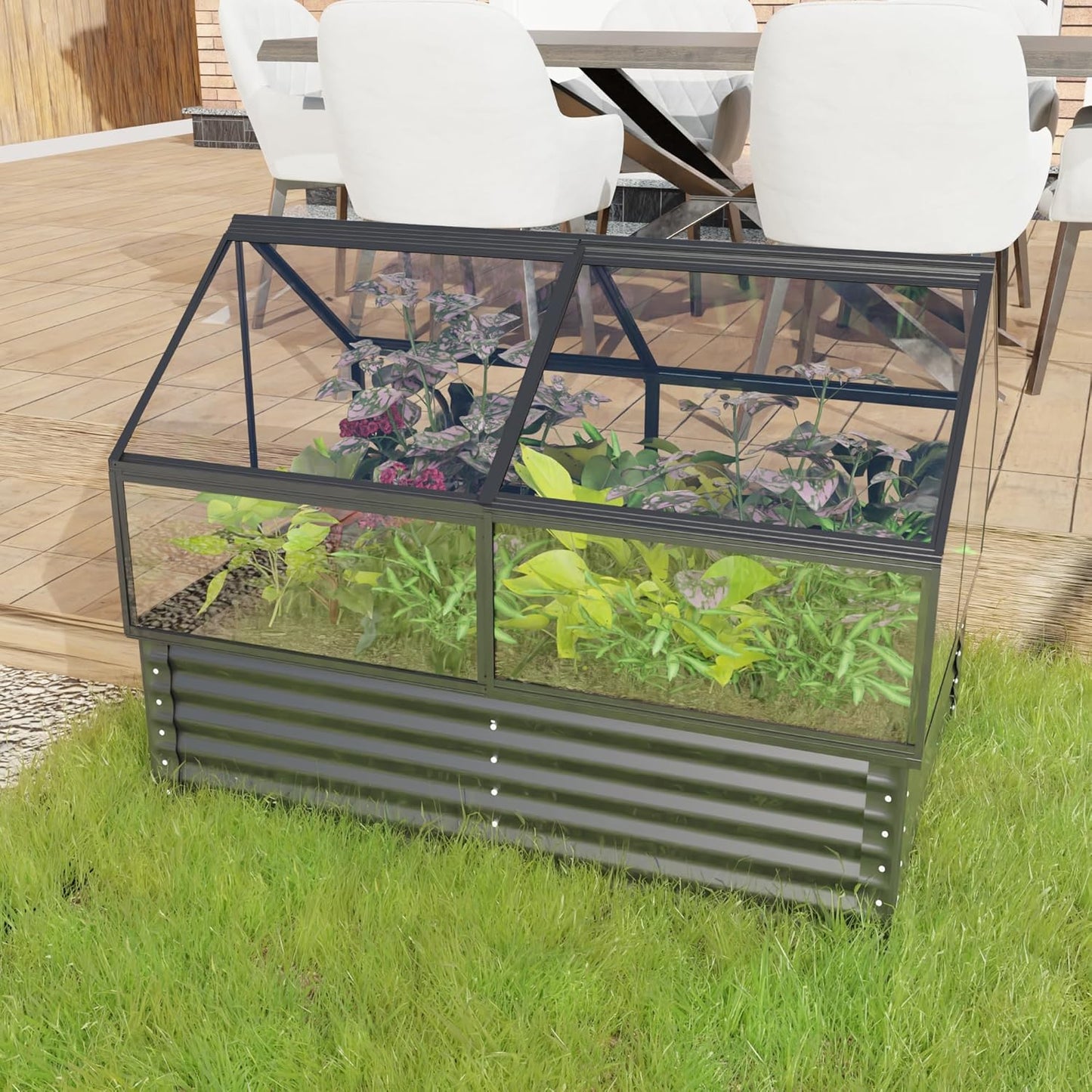 Large Greenhouse with Raised Flower Bed, Outdoor Plant Vegetable Box, 68.7 x 45 x 51.5 Inches