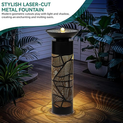 31.5" H Metal Cutout Geometric Patterns Outdoor Water Fountain with LED Lights, 2-Tier Modern Pedestal Waterfall Fountains, Ideal for Garden, Yard, Patio Décor