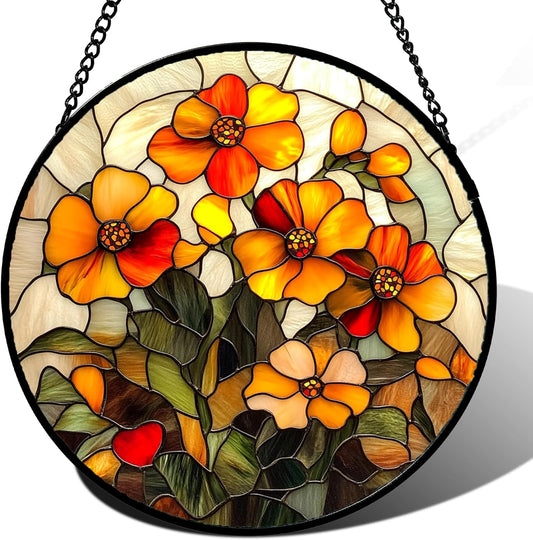 Stained Glass Window Hanging - Orange Marigolds Flowers Suncatcher for Door Garden Yard Sun