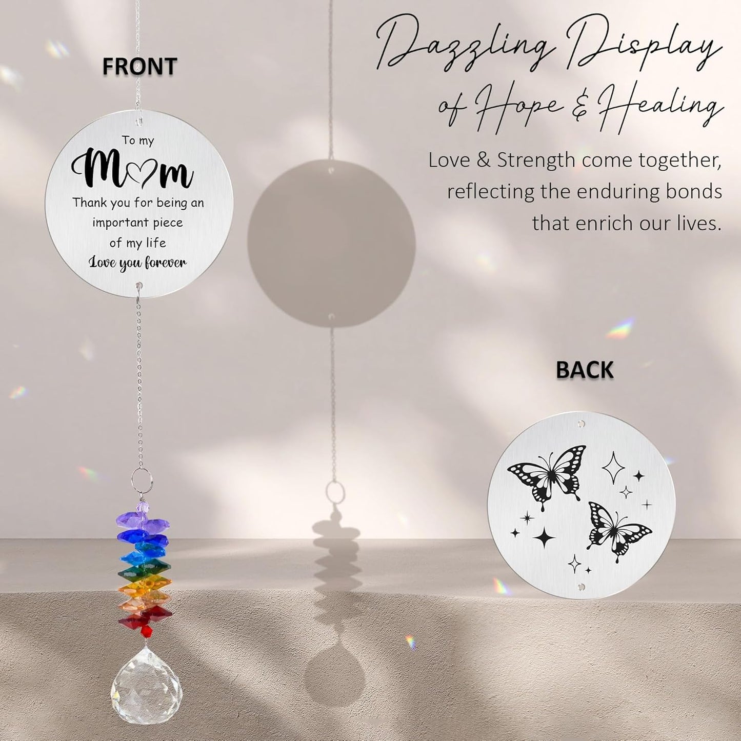 Aluminum Ornament Suncatcher - to My MOM Birthday Gift for Women - Unique Keepsake from Daughters, Granddaughters - Lovely Gifts for Mom, Grandma - Crystal Rainbow Maker
