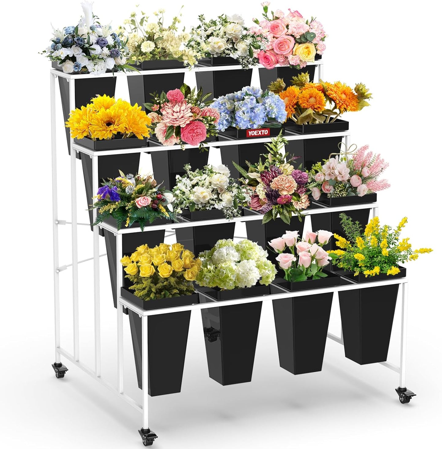 Flower Display Stand 4 Layers with 16 PCS Square Buckets, Plant Stand with Wheels, Movable Metal Plant Stand for Terrace Garden, Living Room, Florist Shop