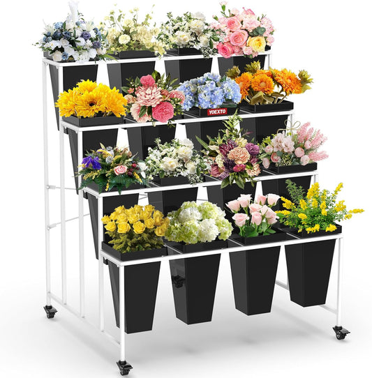 Flower Display Stand 4 Layers with 16 PCS Square Buckets, Plant Stand with Wheels, Movable Metal Plant Stand for Terrace Garden, Living Room, Florist Shop