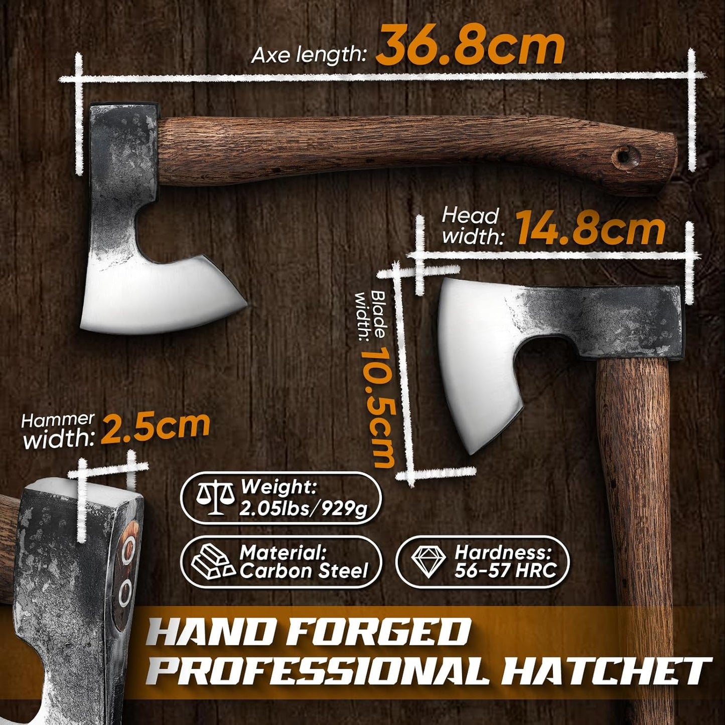 Dream Reach 14.5"" Camping Hatchet with Sheath, Bushcraft Axe with Carbonized Handle, Hand Forged Carving Axe, Splitting Hatchet for Chopping Wood, Gardening, Black