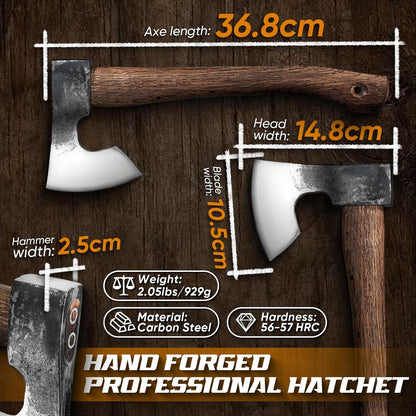 Dream Reach 14.5"" Camping Hatchet with Sheath, Bushcraft Axe with Carbonized Handle, Hand Forged Carving Axe, Splitting Hatchet for Chopping Wood, Gardening, Black