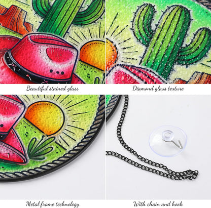 West Cowgirl Cactus Hat Suncatcher Stained Glass Window Hanging with Metal Chain and Hooks 7.8 Inch Indoor/Outdoor Home & Garden Decor Housewarming Gifts