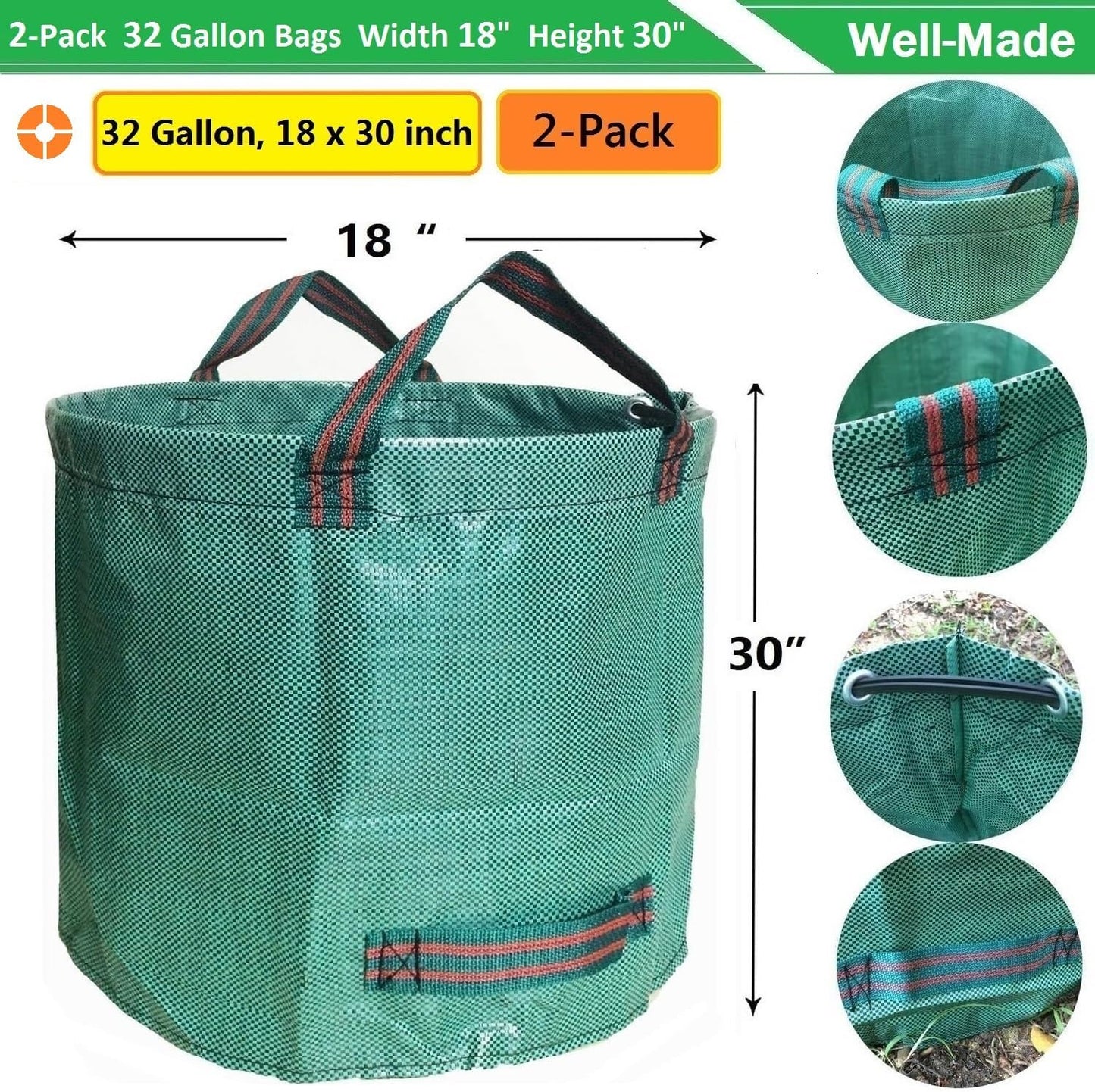 Standard 2-Pack 32 Gallon Yard Garden Bags (D18, H30 inch) with Gardening Gloves for Yard Waste,Debris Bags,Recycling Bin,Camping Trash Container,Laundry Bag,Lawn Grass Clippings,Leaf Bag w/ 4 Handles