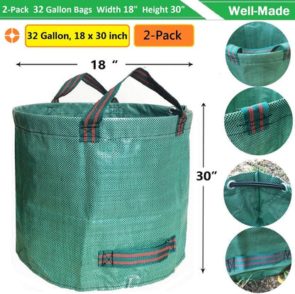 Standard 2-Pack 32 Gallon Yard Garden Bags (D18, H30 inch) with Gardening Gloves for Yard Waste,Debris Bags,Recycling Bin,Camping Trash Container,Laundry Bag,Lawn Grass Clippings,Leaf Bag w/ 4 Handles