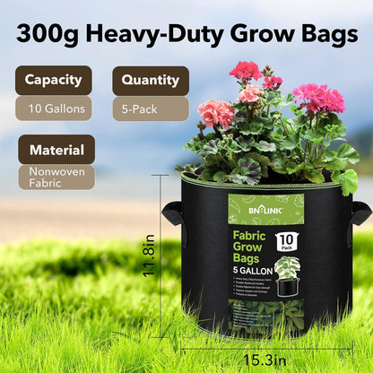 BN-LINK 10-Pack 5 Gallon Grow Bags, Heavy Duty Aeration Fabric Pots with Handles, Thickened Nonwoven Plant Bags for Vegetables, Flowers, Fruits