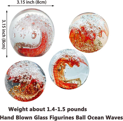 Decorative Crystal Ball Figurines Ocean Waves Paperweight Blown Glass Decor Sea Art Ocean Lovers Gift Red 3.15"