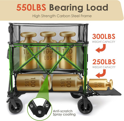 HOPERAN 550L XXL Wagons Carts Foldable, 54" Extra Length & Height Double Deck Collapsible Wagon Cart with Tailgate, 8" Big All-Terrain Wheels, 550lbs Load Utility Grocery Cart for Camping,Sports,Beach